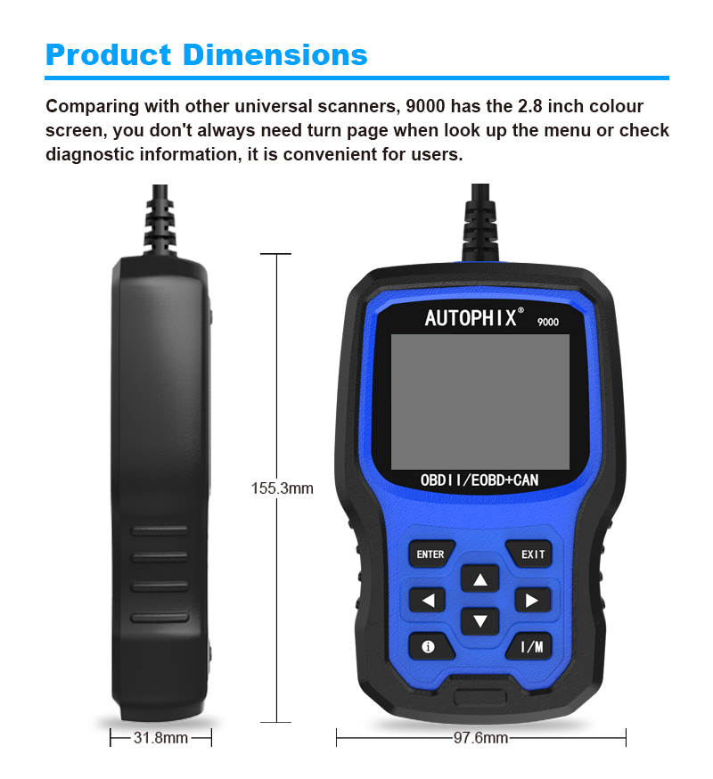 9000 OBDII+EOBD/CAN Universal Code Reader - product dimensions
